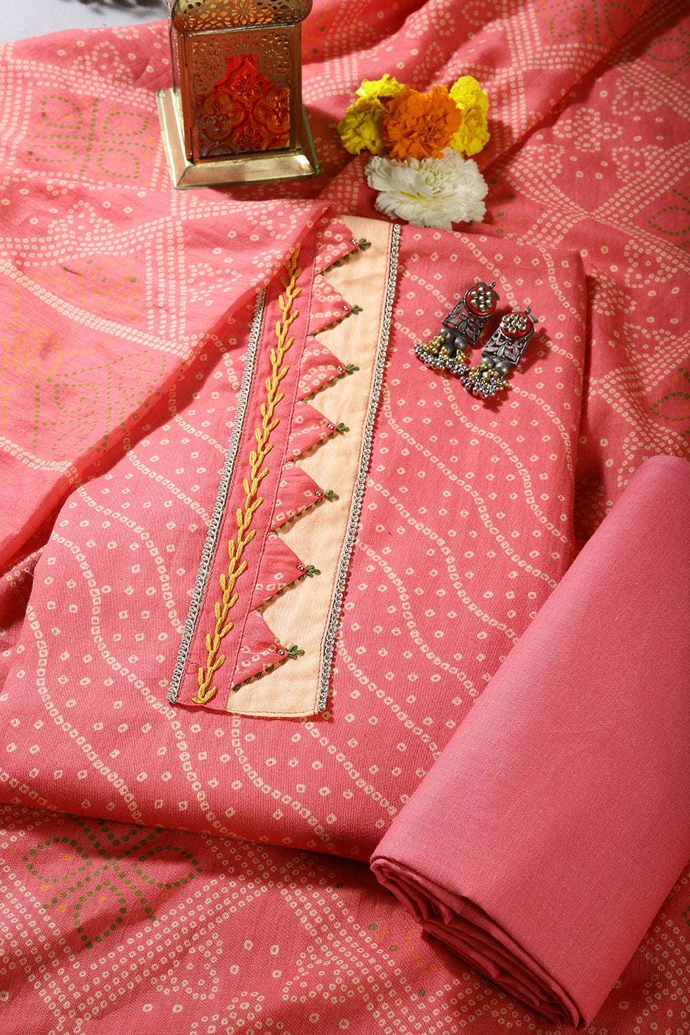 Pink Color Pima Cotton Bandhani Print Unstitched Suit