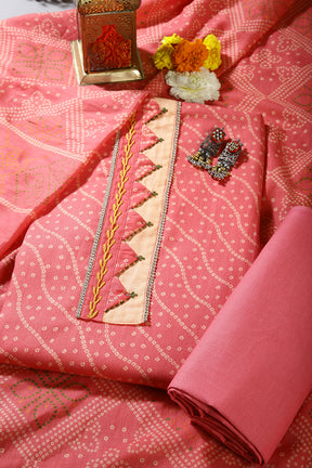 Pink Color Pima Cotton Bandhani Print Unstitched Suit