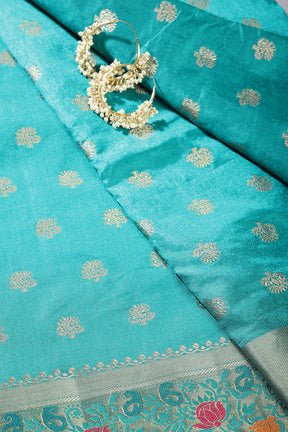 Teal Color Silk Resham & Zari Woven Saree