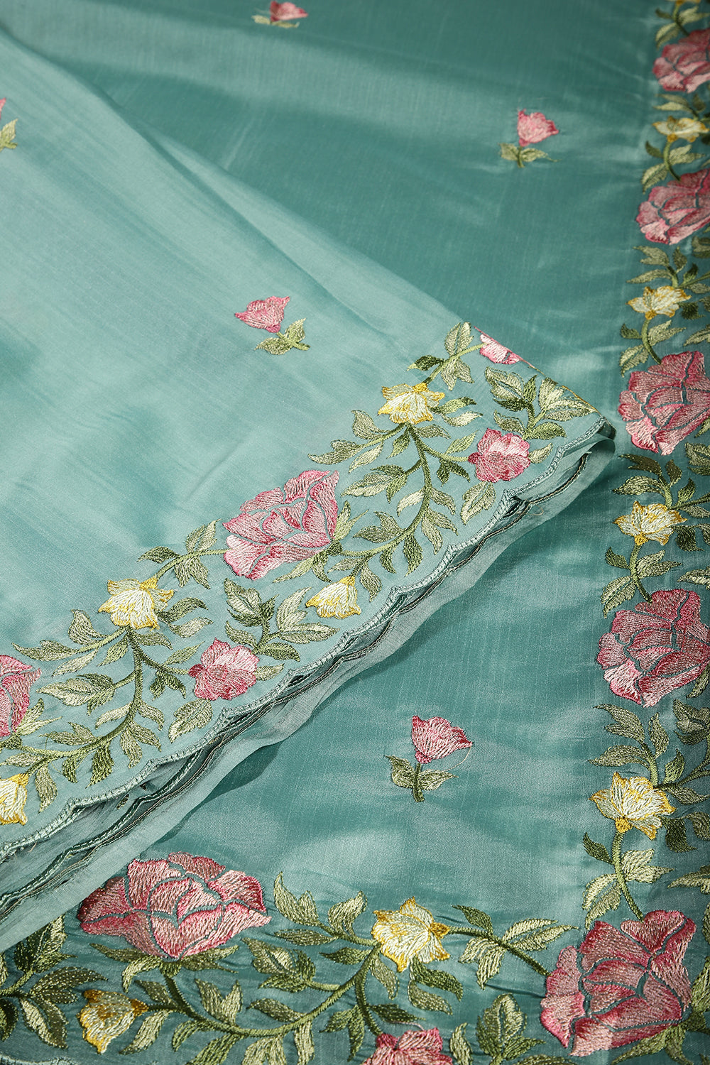 Sea Green Color Tussar Silk Floral Resham Embroidered Saree