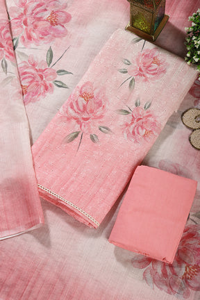 Pink Color Organza Floral Printed and Embroidered Unstitched Suit Material