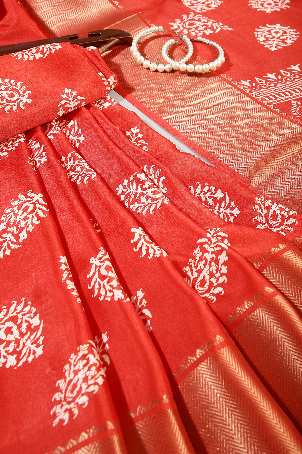 Coral Red Color Block Printed Cotton Silk