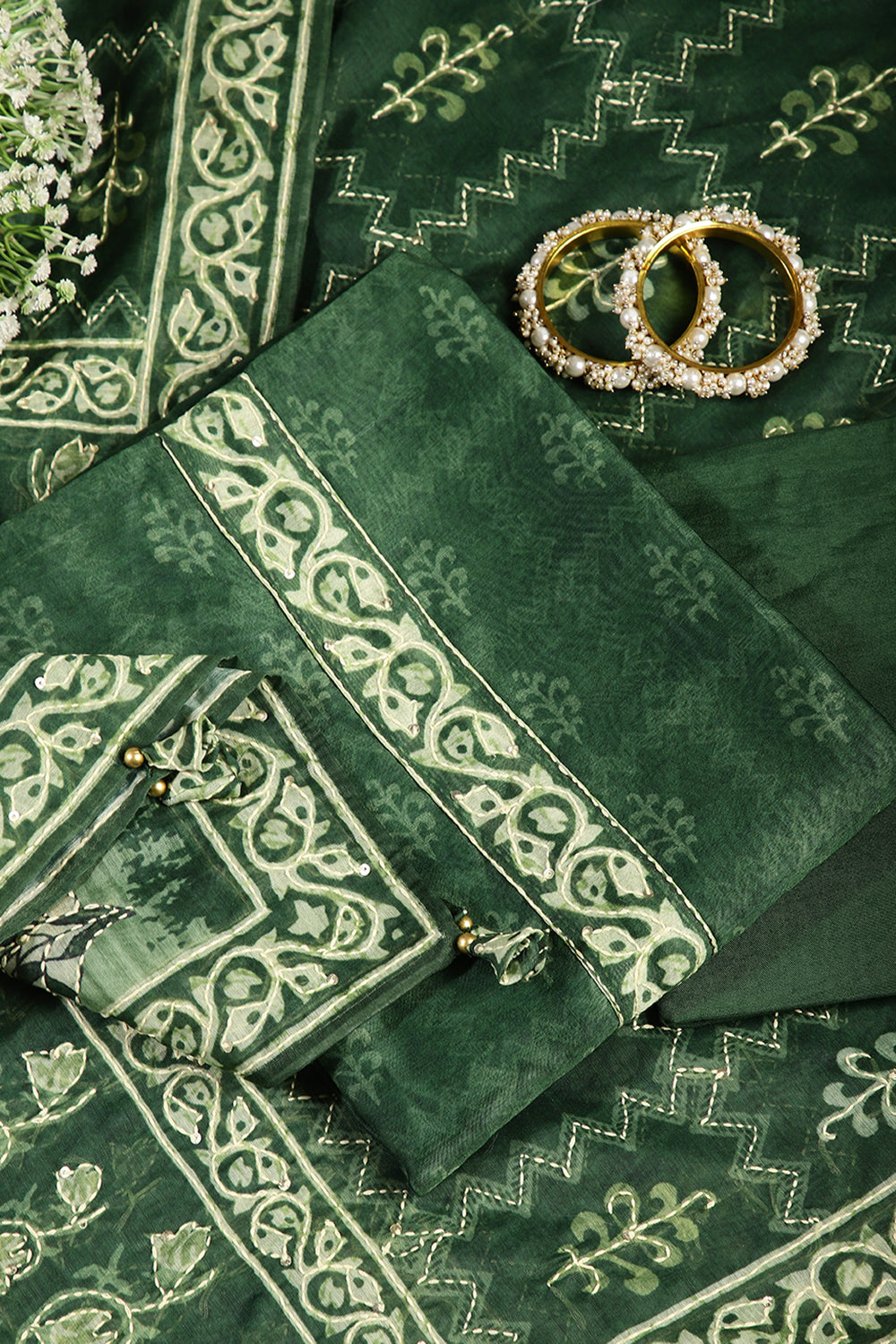 Green Color Chanderi Cotton Printed Unstitched Suit Material