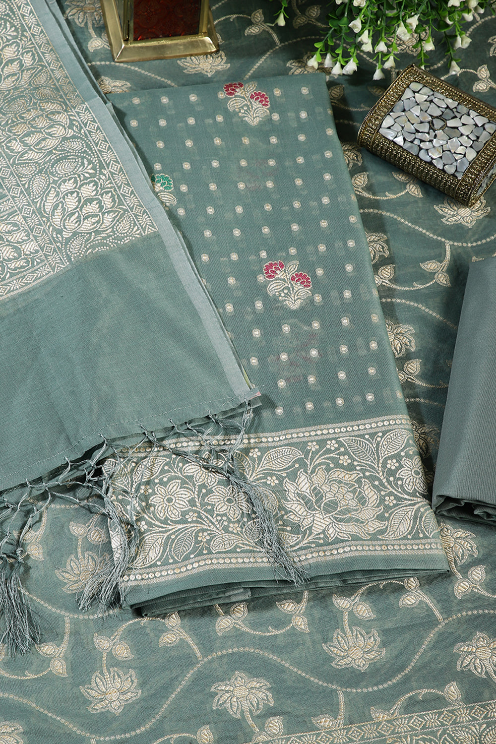 Sea Green  Color Woven Chanderi Unstitched Suit Material