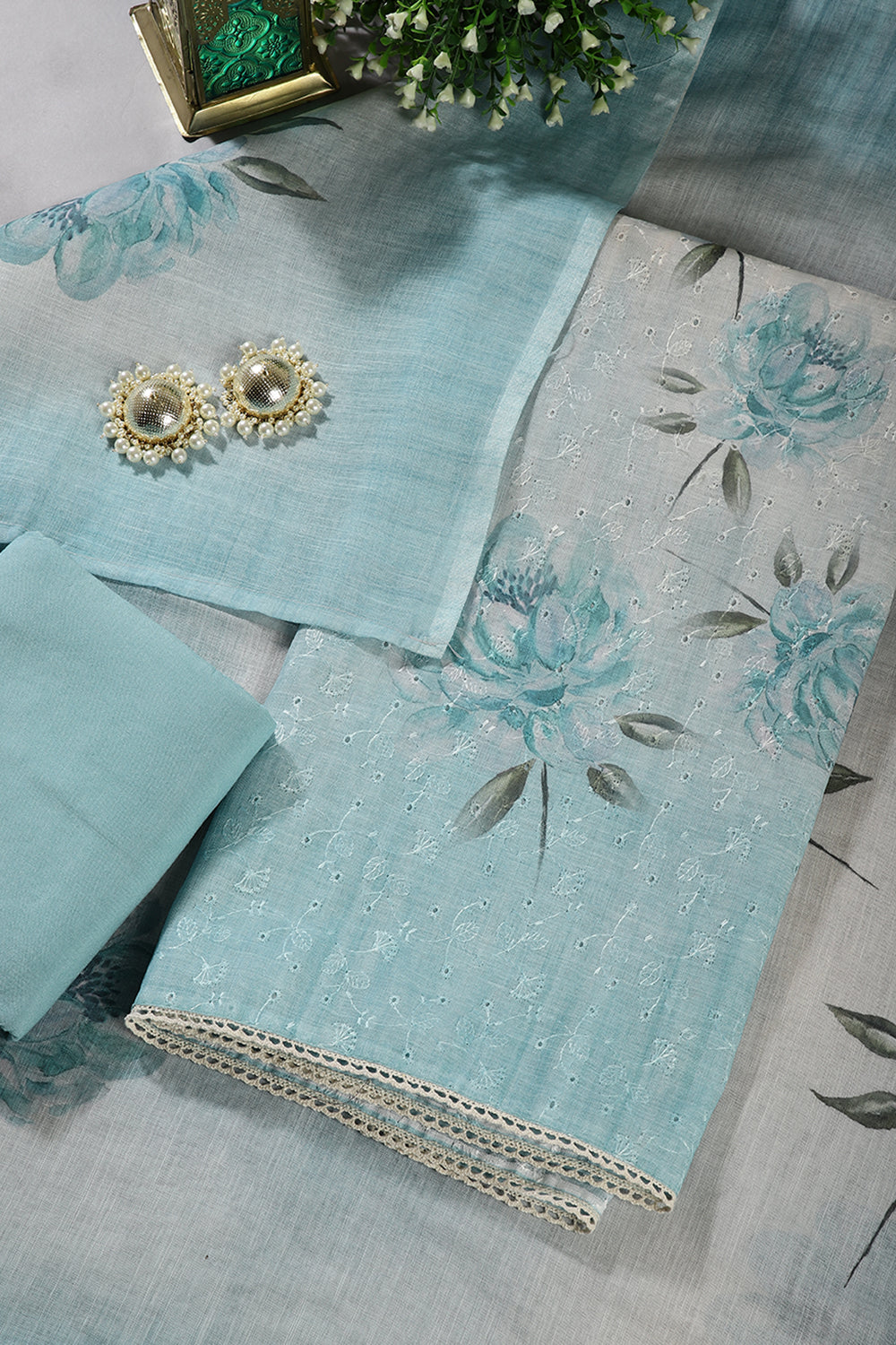 Turquoise Color  Organza Floral Printed and Embroidered Unstitched Suit Material