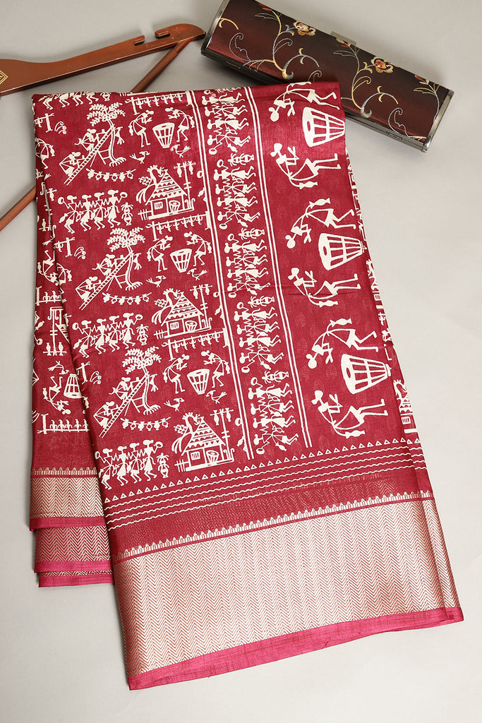 Burgundy Color Cotton Silk Printed Saree