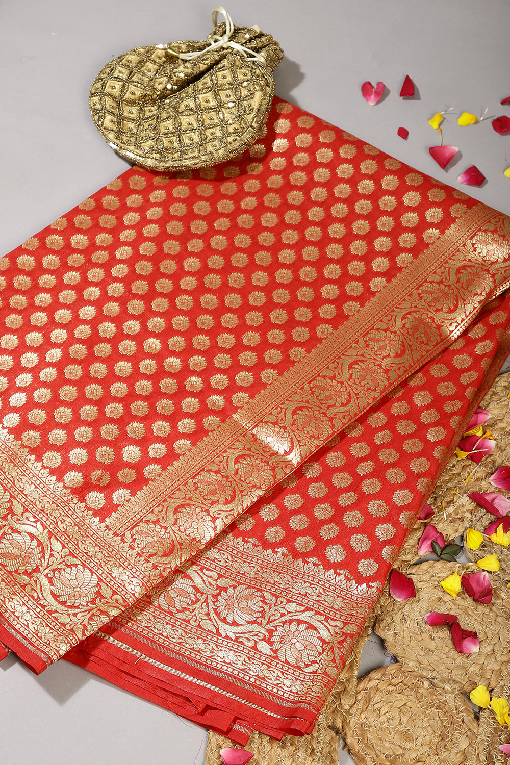 Fire Red Colour Woven Silk Saree