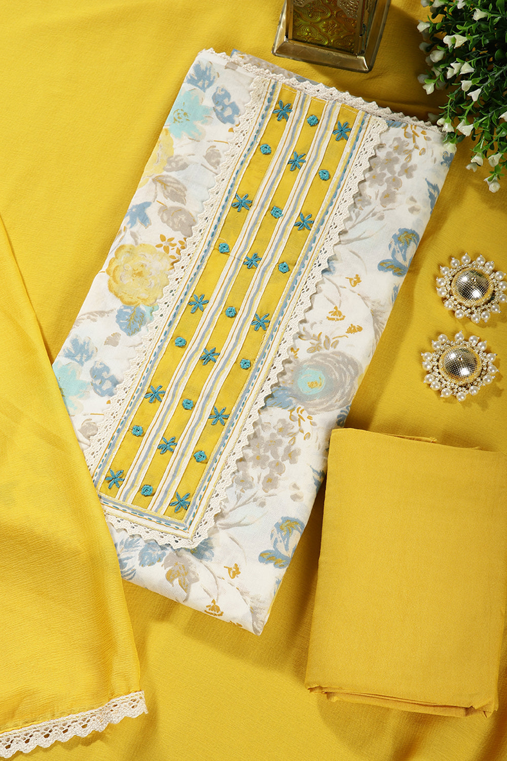 Yellow Color Cotton Floral Printed Unstitched Suit Material