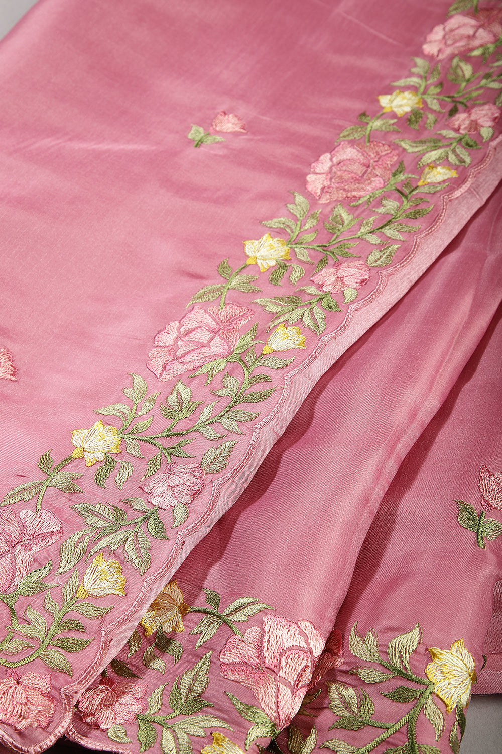 Dusty Pink Color Tussar Silk Floral Resham Embroidered Saree