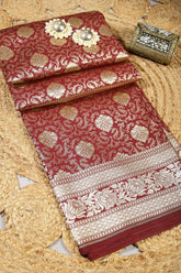 Dark Scarlet Color Banarsi Silk Woven Saree