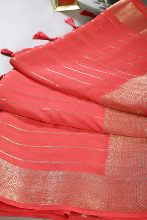 Carmine Pink Color Georgette Saree with Zari Pinstripes