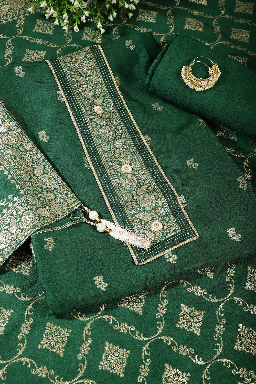 Bottle Green Color Crepe Silk Woven Unstitched Suit Material