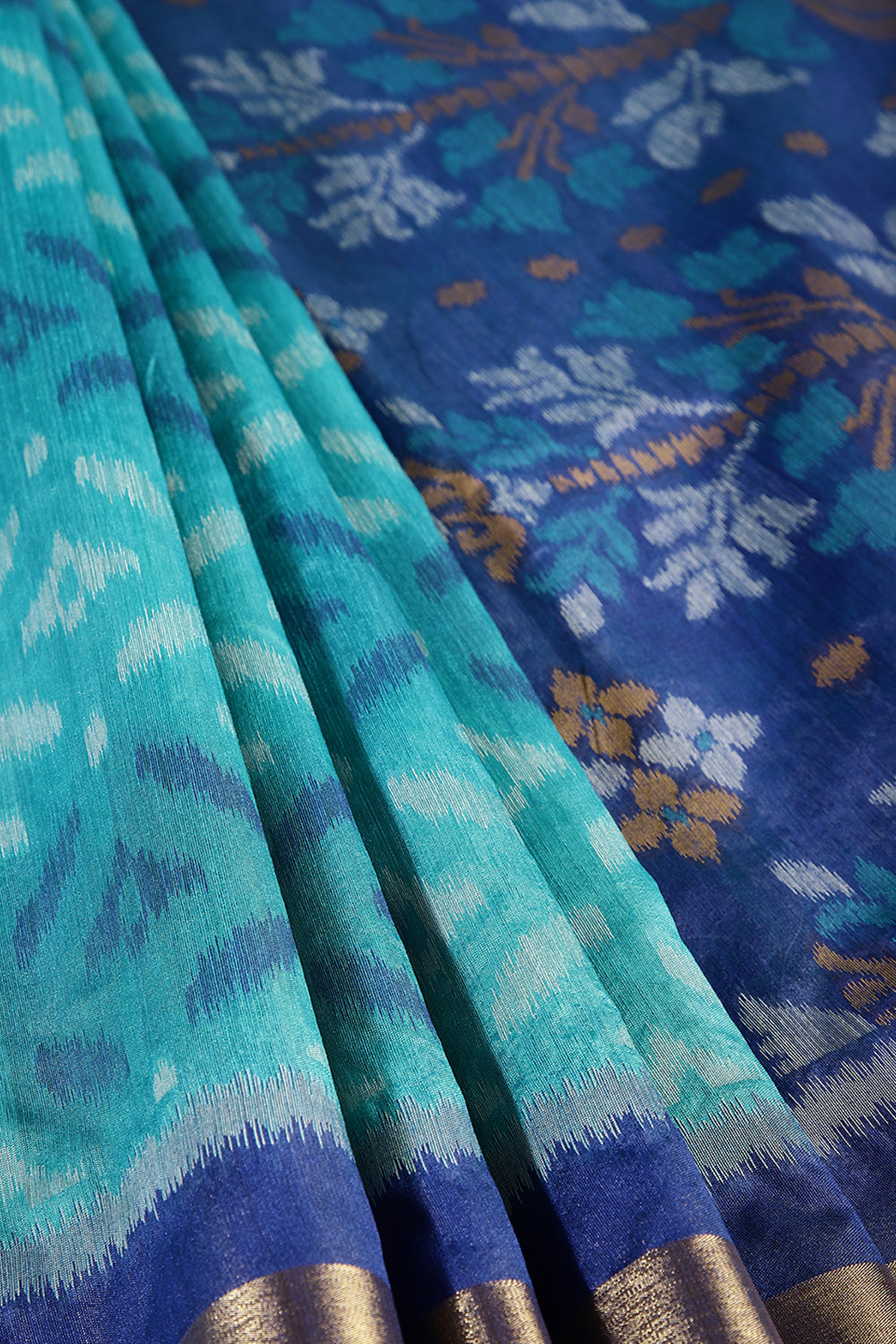 Mint Green & Blue Color Chanderi Cotton Woven Saree