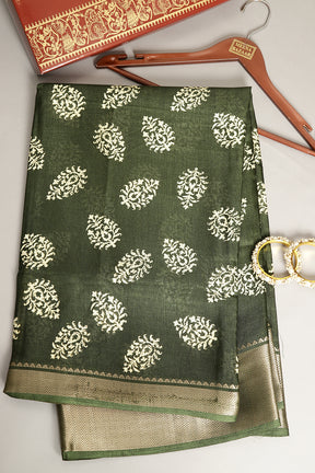 Green Color Block Printed Cotton Silk