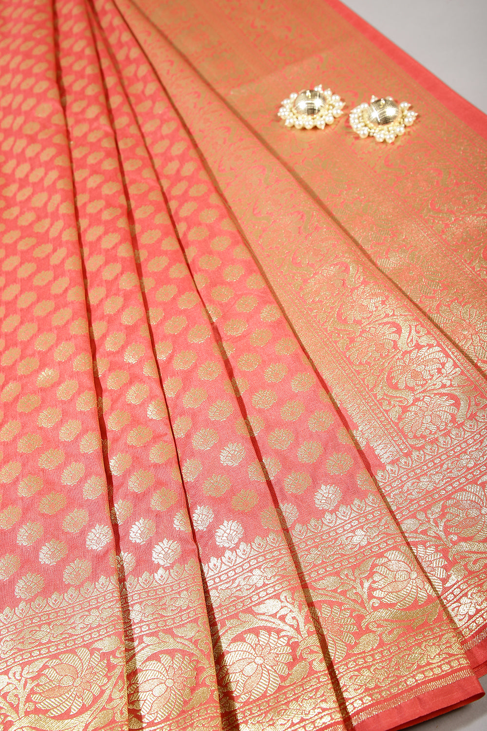 Coral Pink Colour Woven Silk Saree