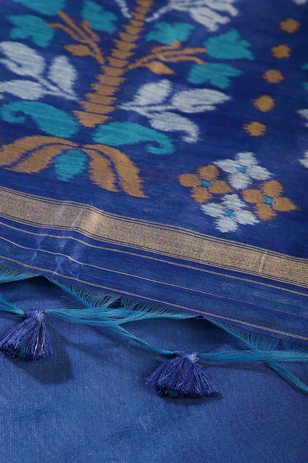 Mint Green & Blue Color Chanderi Cotton Woven Saree