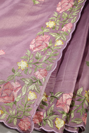 Lavender Color Tussar Silk Floral Resham Embroidered Saree