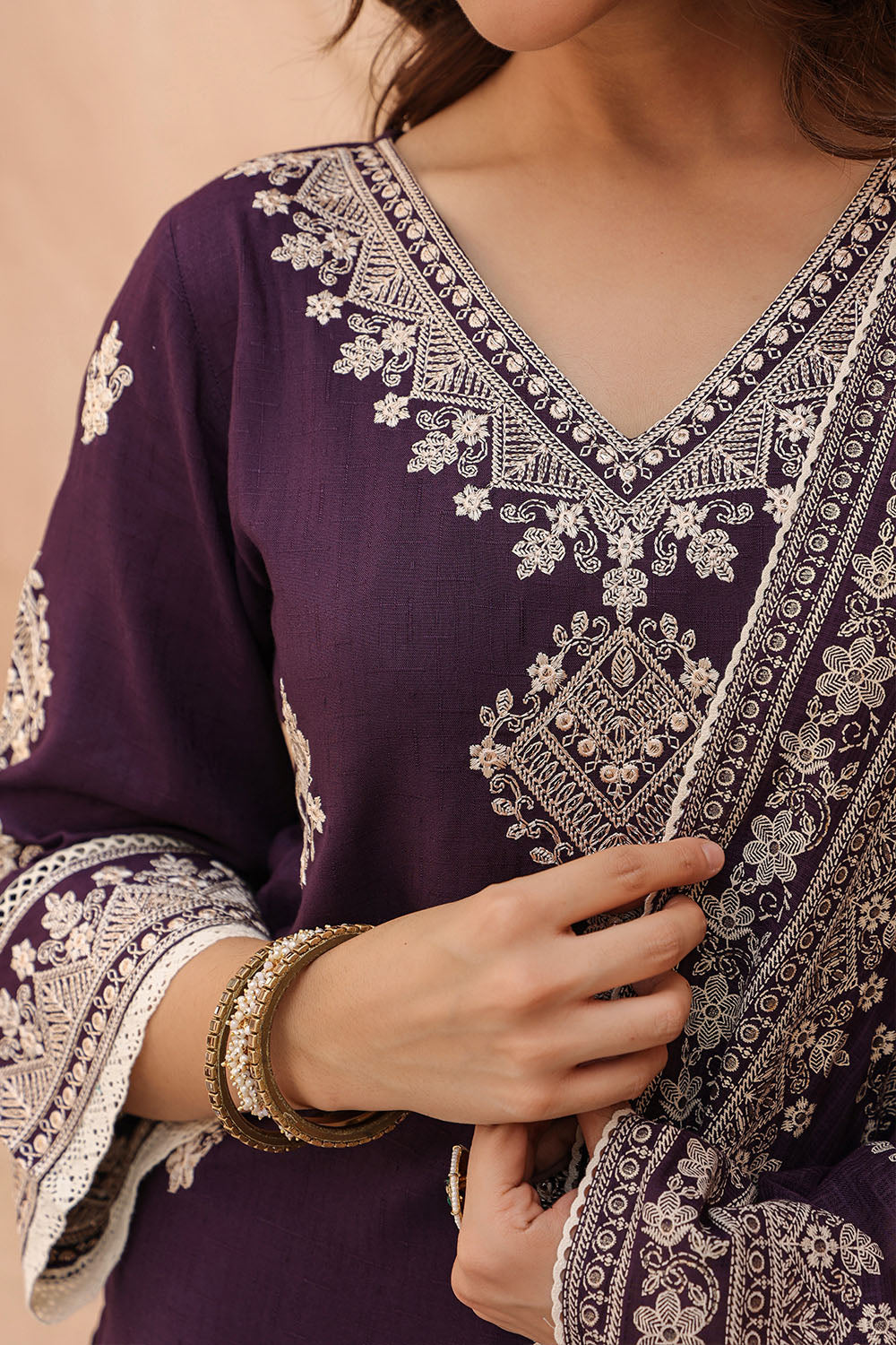 Dark Purple Color Embroidered Cotton Straight Suit