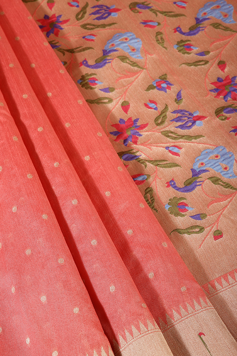 Coral Color Cotton Silk Paithani Work Saree