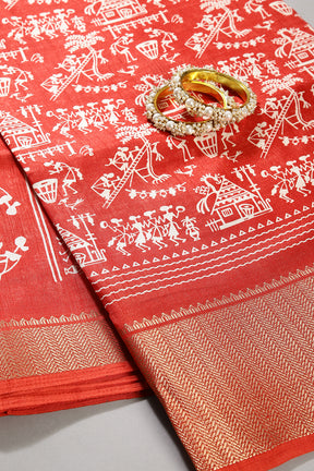 Red Color Cotton Silk Printed Saree