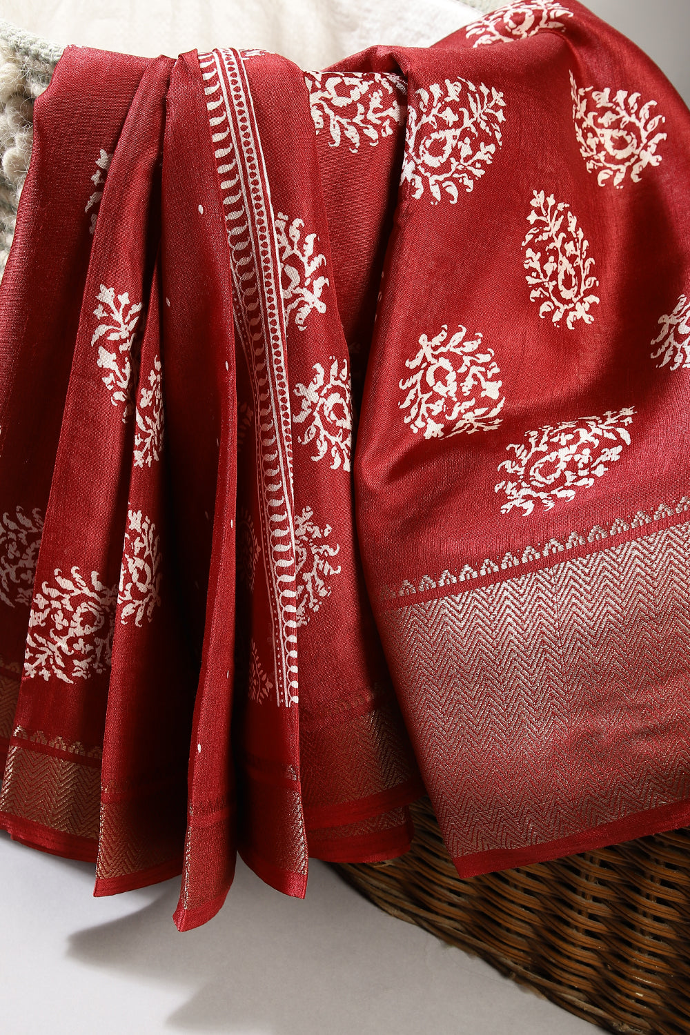 Maroon Color Block Printed Cotton Silk