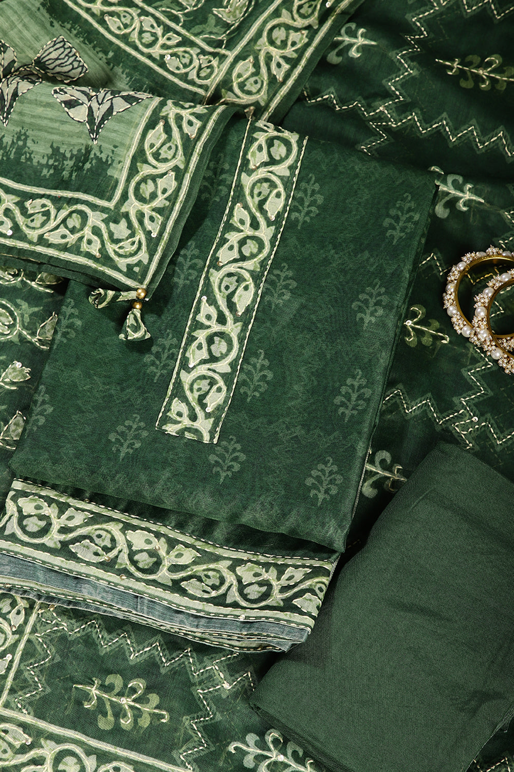 Green Color Chanderi Cotton Printed Unstitched Suit Material