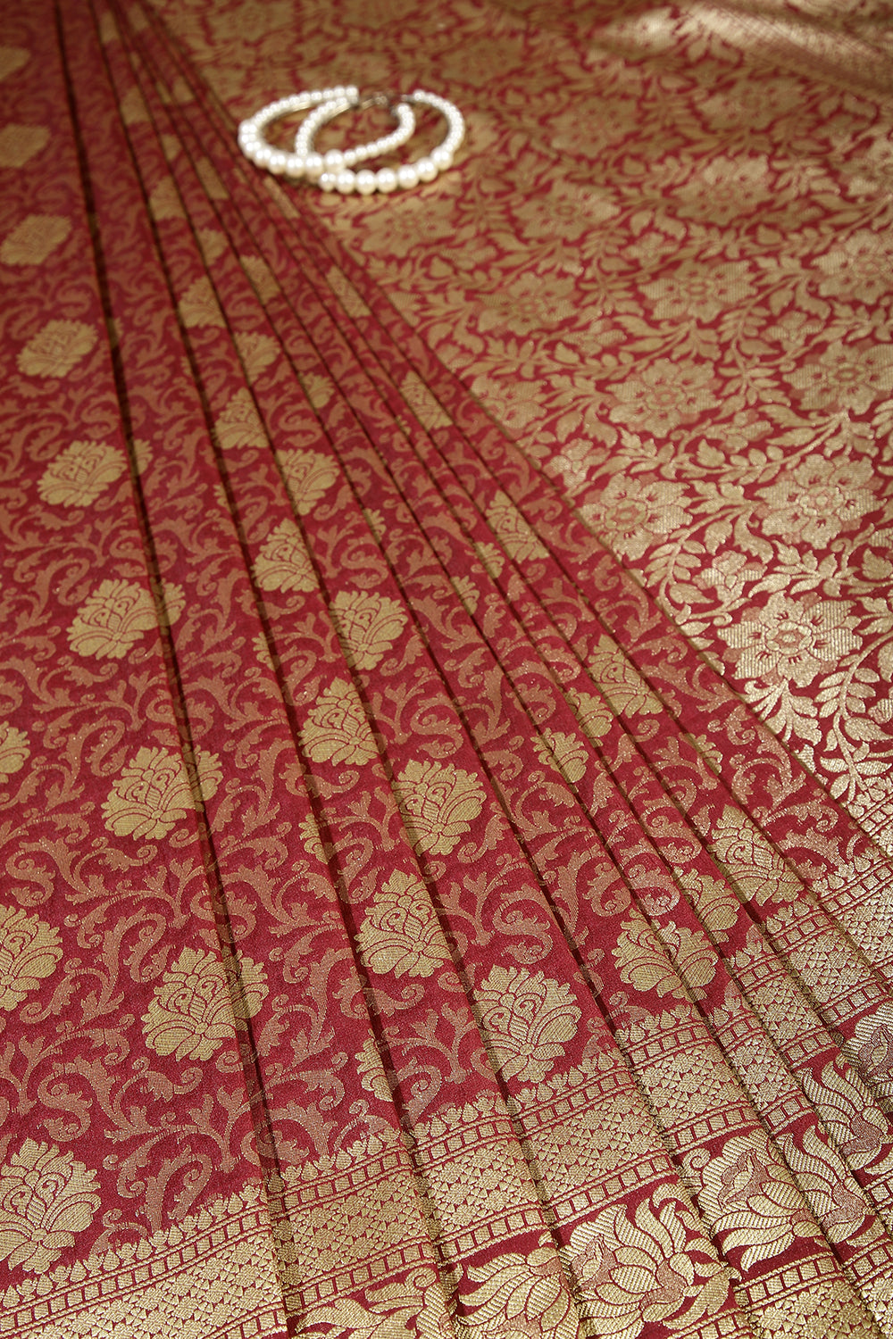 Dark Scarlet Color Banarsi Silk Woven Saree