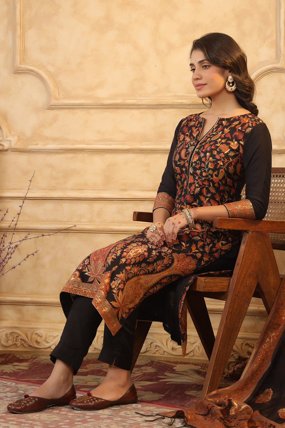 Black Color Meena-Kaari Woven Chanderi Unstitched Suit Material