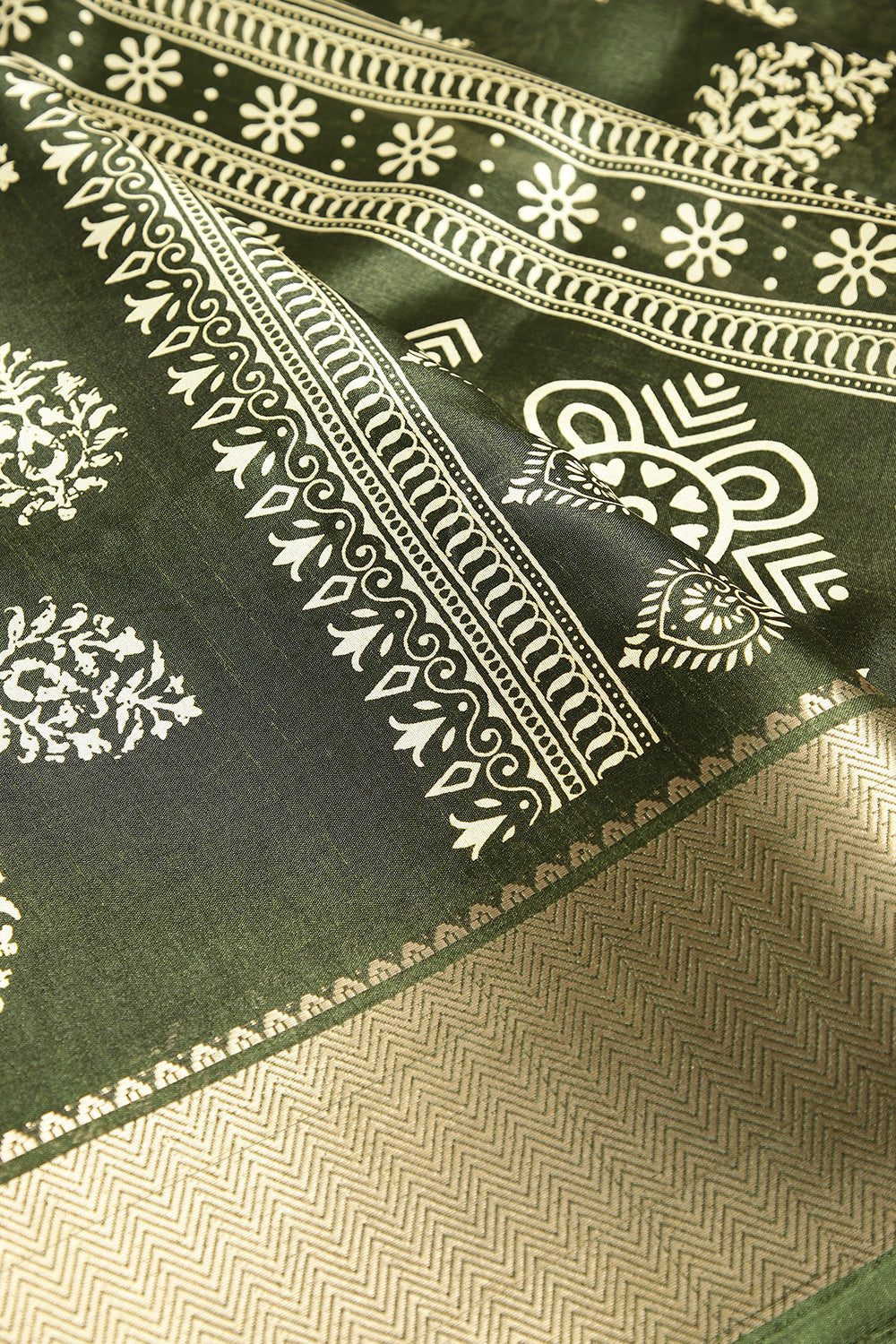 Green Color Block Printed Cotton Silk