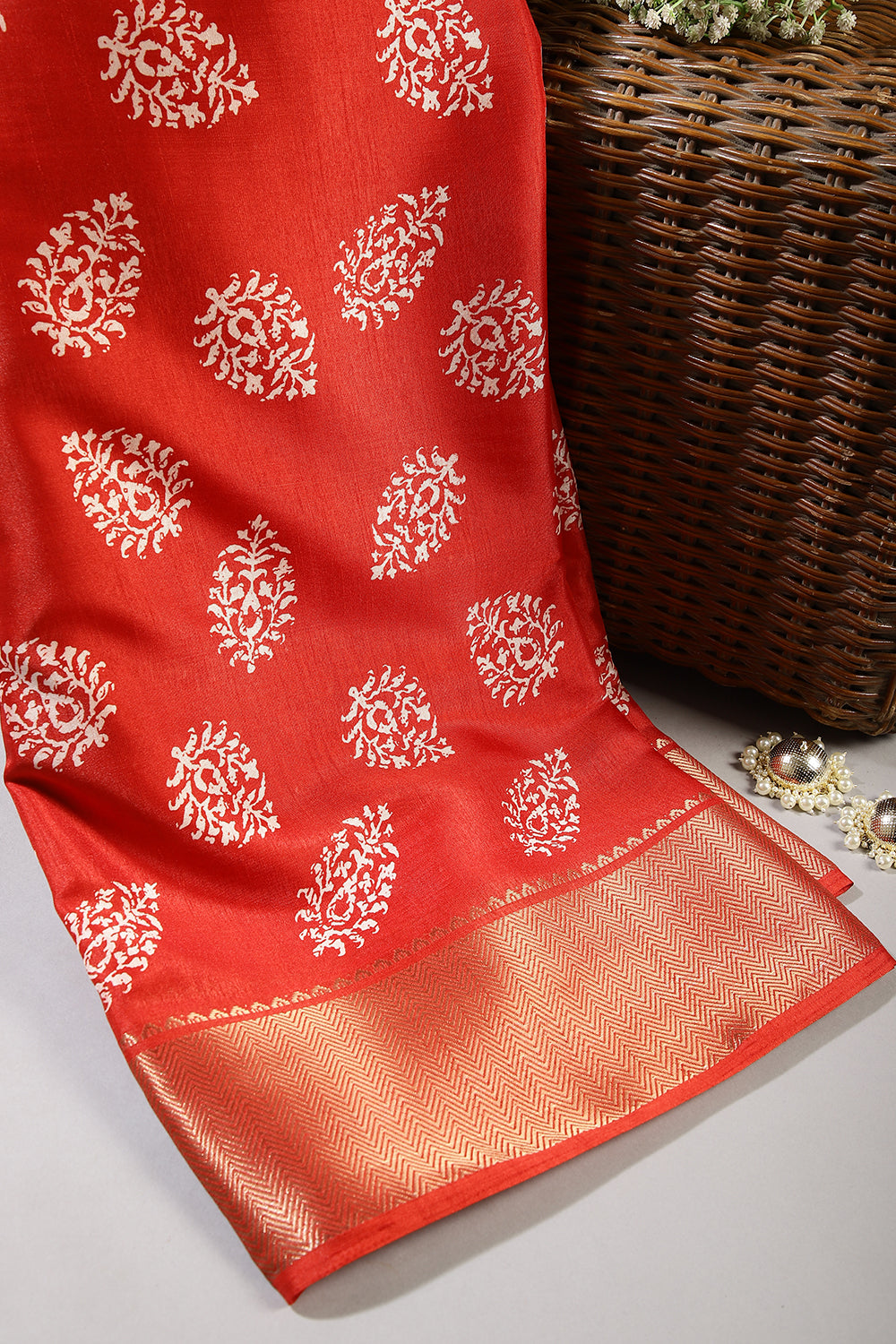 Coral Red Color Block Printed Cotton Silk