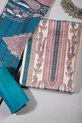 Teal & Cream Color Velvet Unstitched Suit Material