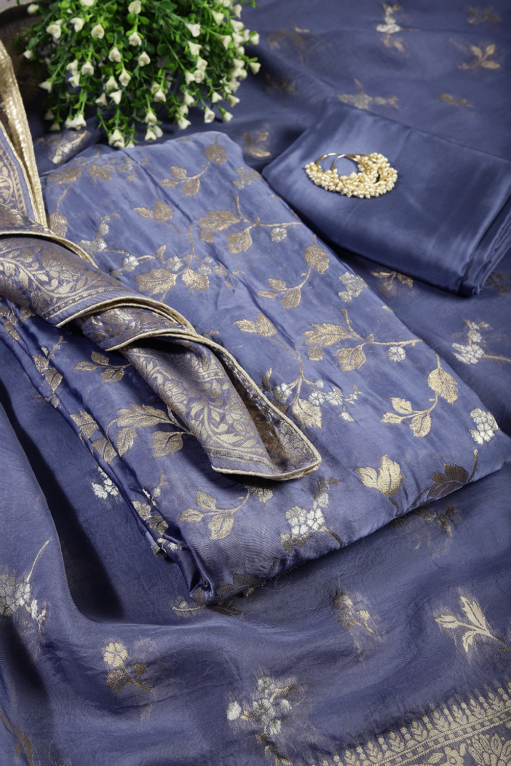 Wild Blue Yonder Color Crepe Silk Zari Woven Unstitched Suit Material