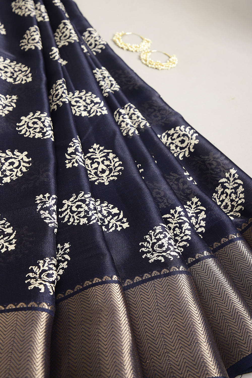 Navy Color Block Printed Cotton Silk