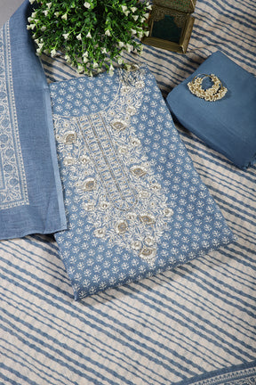 Blue Color Chanderi Cotton Printed and Neck Embroidered Unstitched Suit Fabric