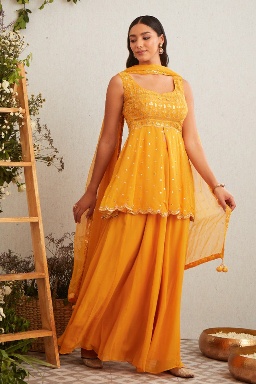 Mustard Color Georgette Embroidered Suit with Sharara