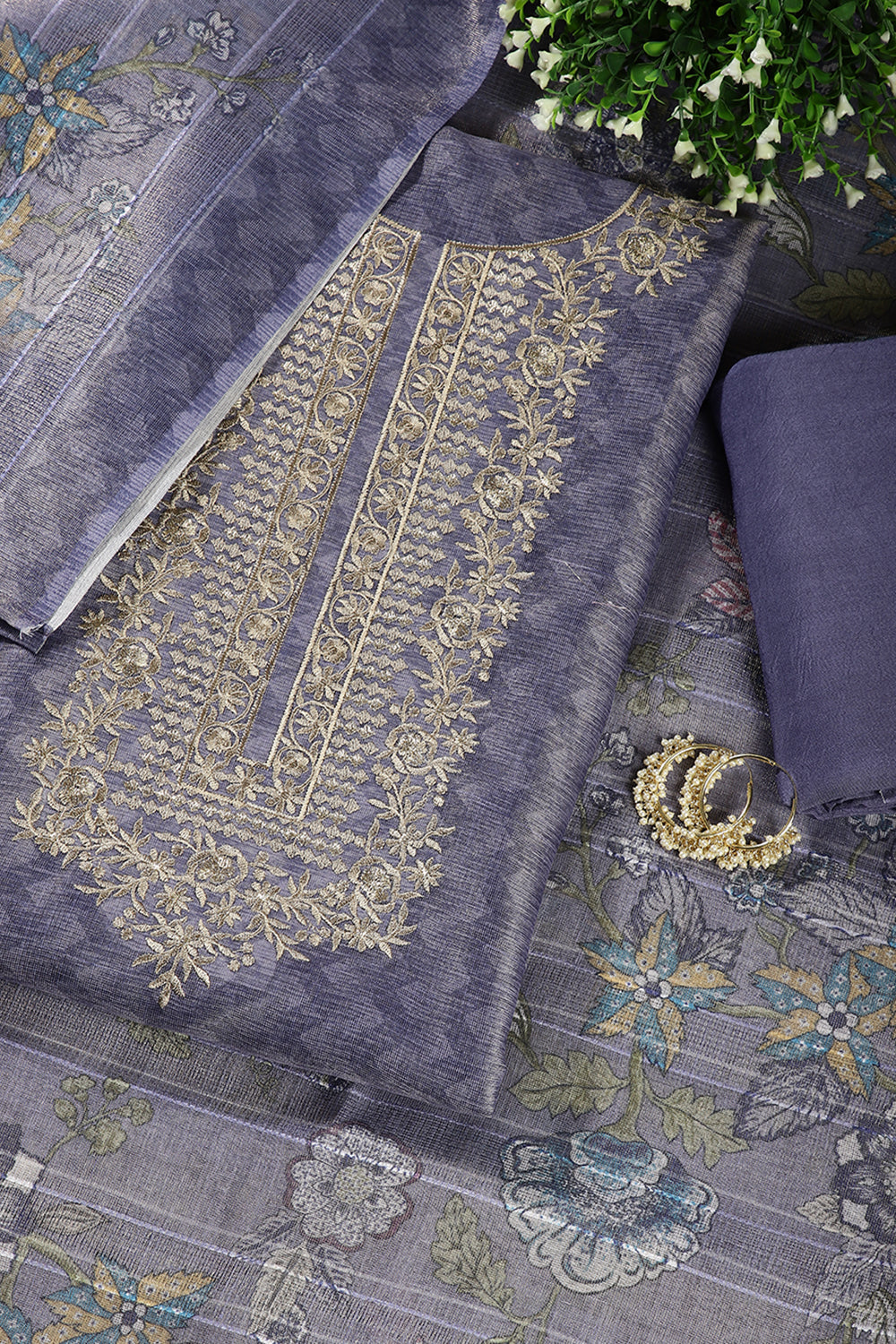 Mist Blue Color Mantellic Tissue Neck Embroidered Unstitched Suit Fabric