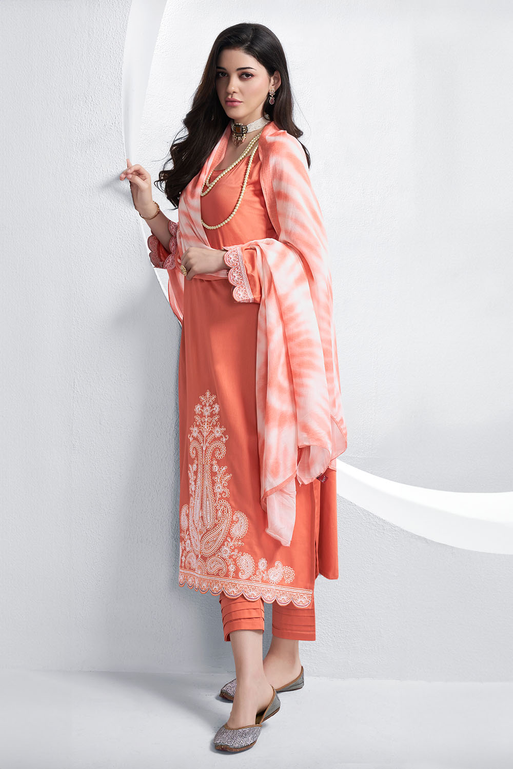 Peach Color Cotton Hemline Embroidered Unstitched Suit Material