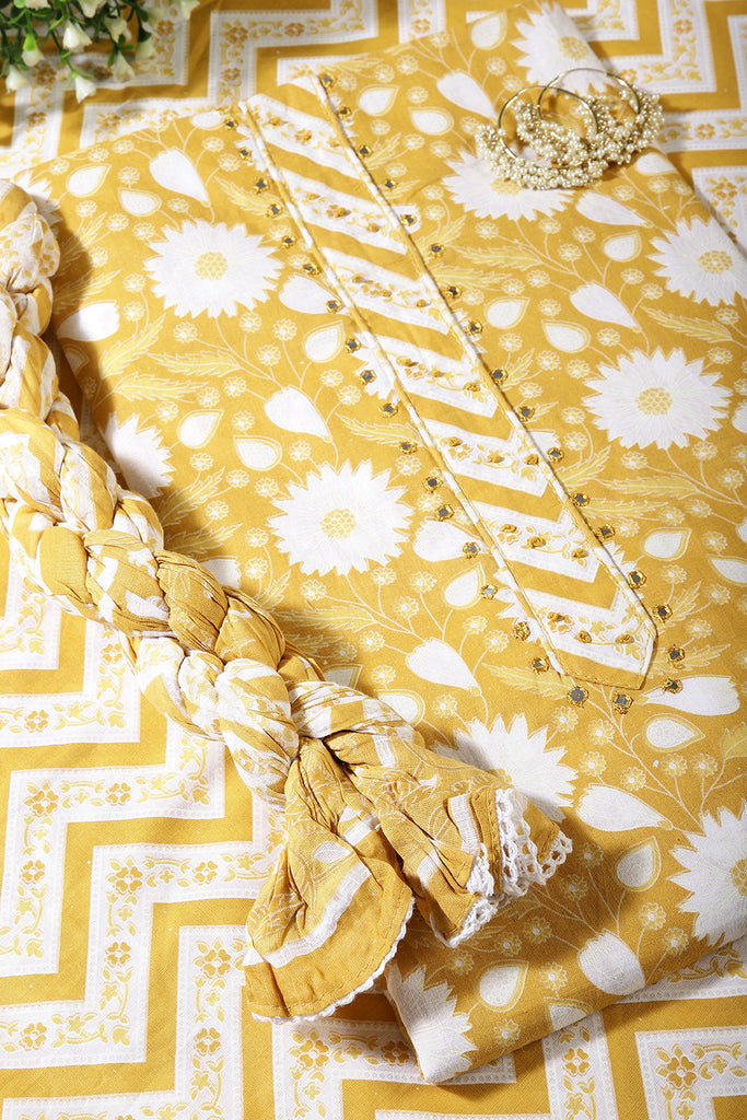 Yellow Color Cotton Printed Unstitched Suit