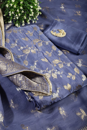 Wild Blue Yonder Color Crepe Silk Zari Woven Unstitched Suit Material