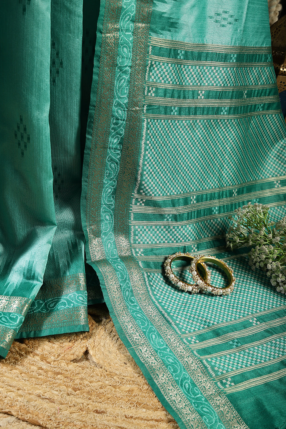 Sea Turtle Green Color Chanderi Silk Woven Saree