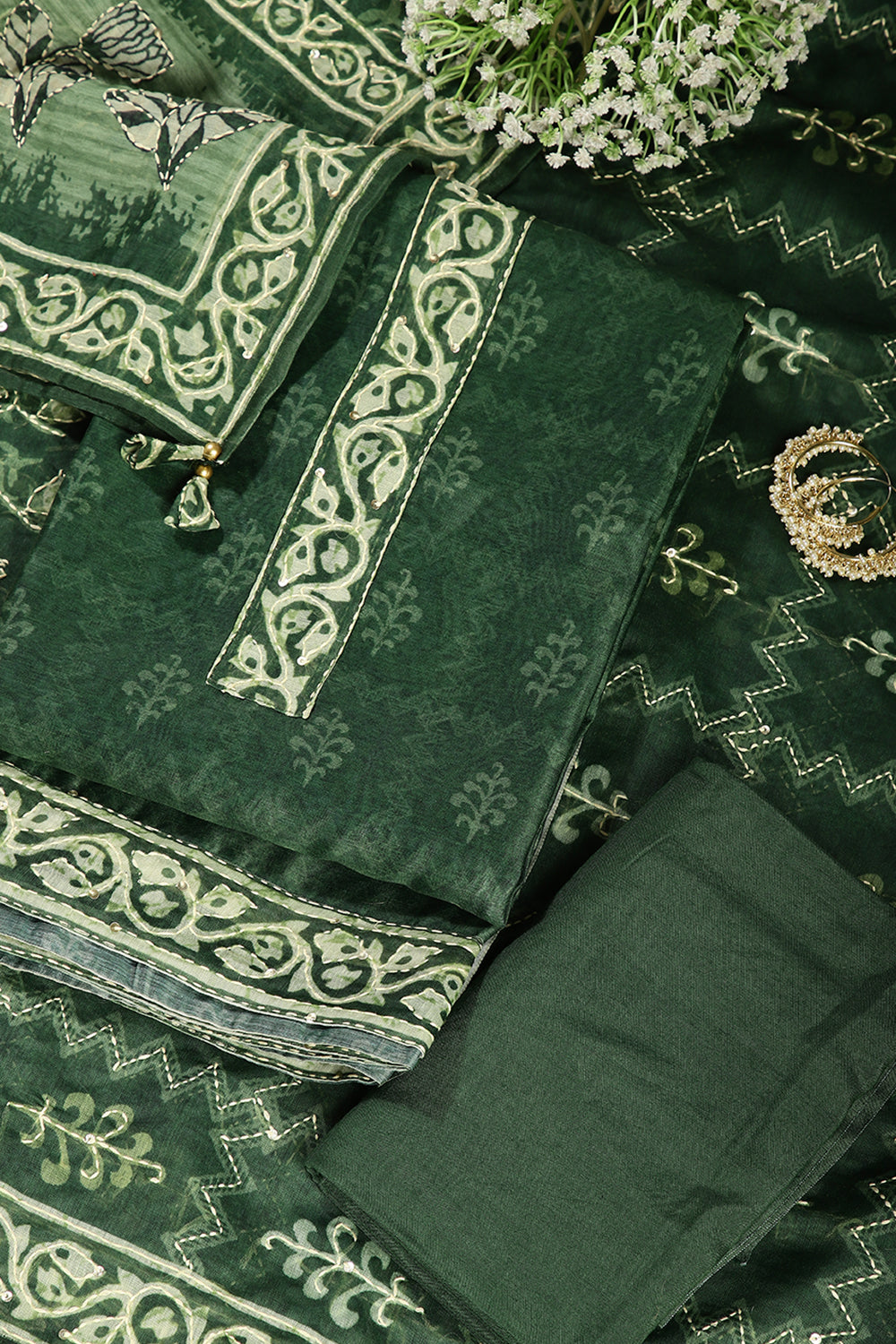 Green Color Chanderi Cotton Printed Unstitched Suit Material