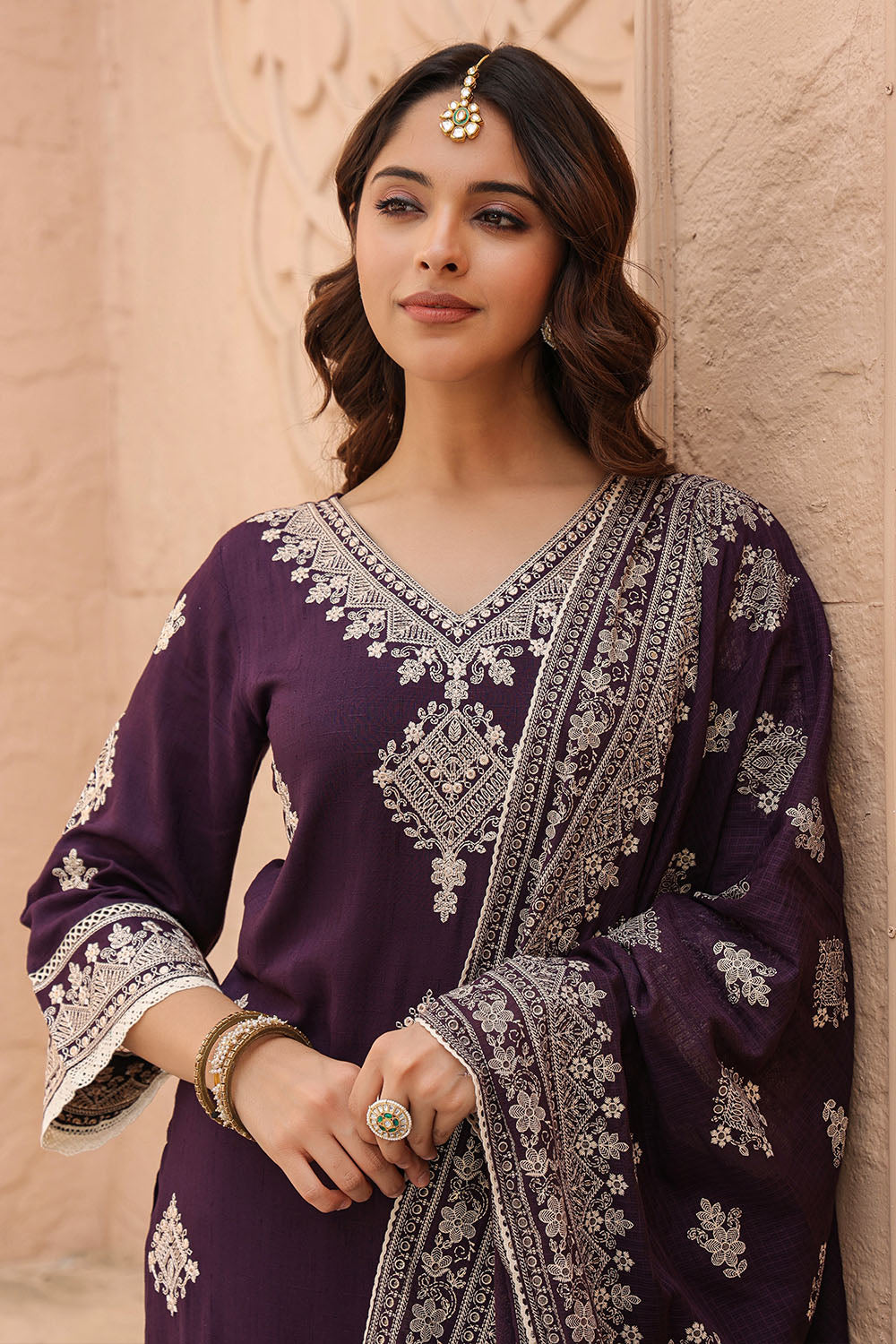 Dark Purple Color Embroidered Cotton Straight Suit