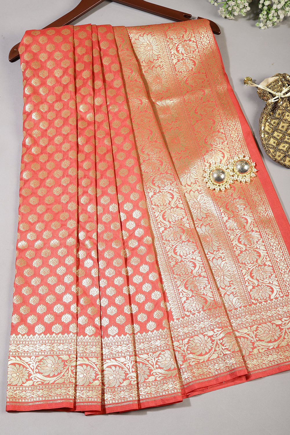 Coral Pink Colour Woven Silk Saree