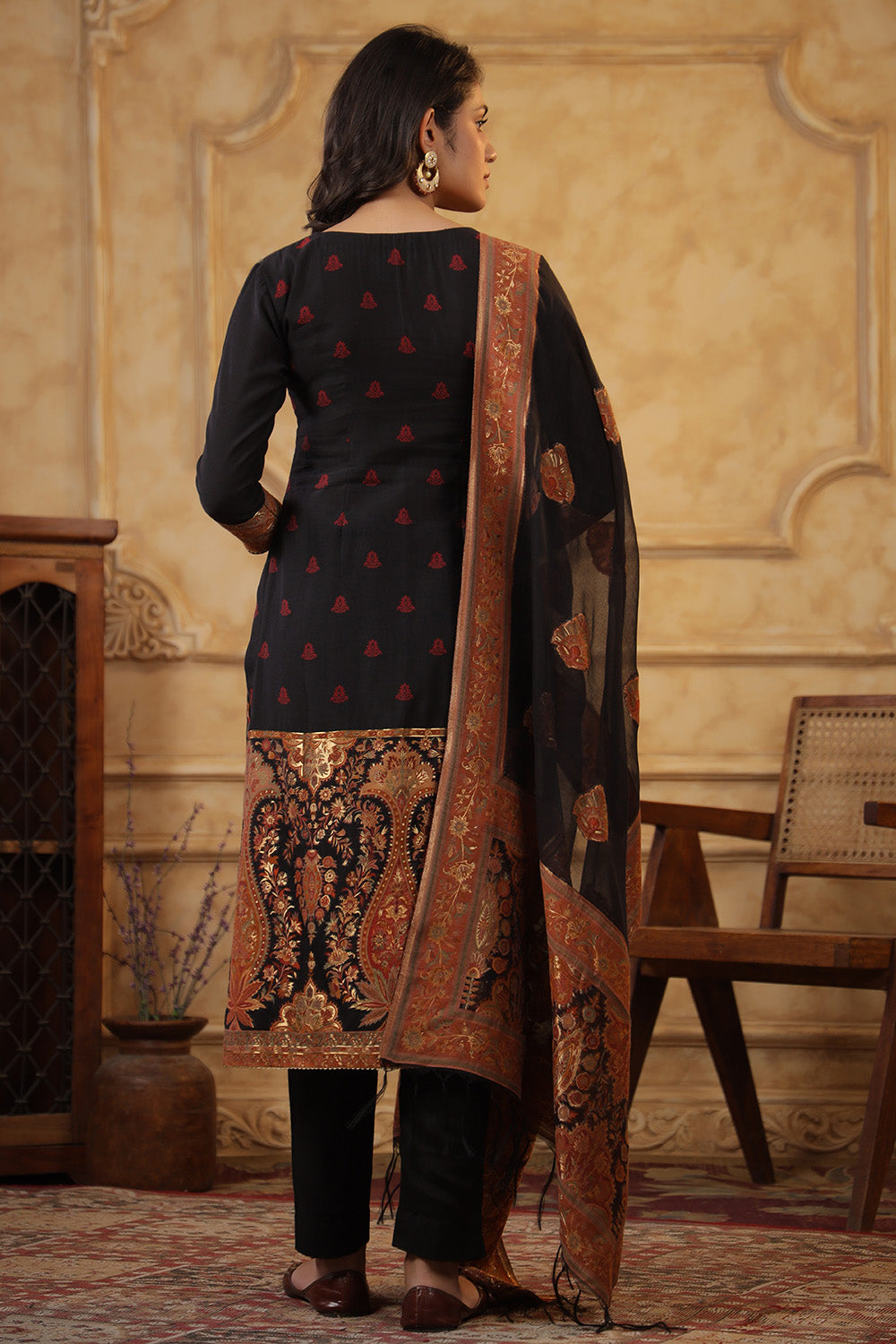 Black Color Meena-Kaari Woven Chanderi Unstitched Suit Material