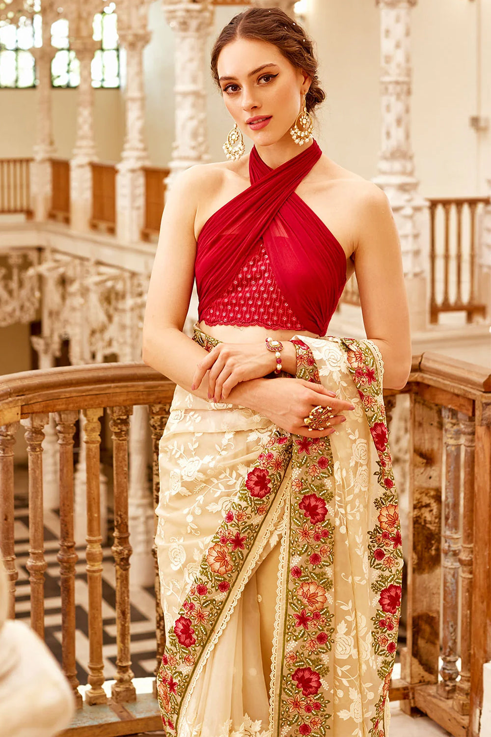 Soft Banarasi Silk Designer Red And Cream Color Saree– PAAIE
