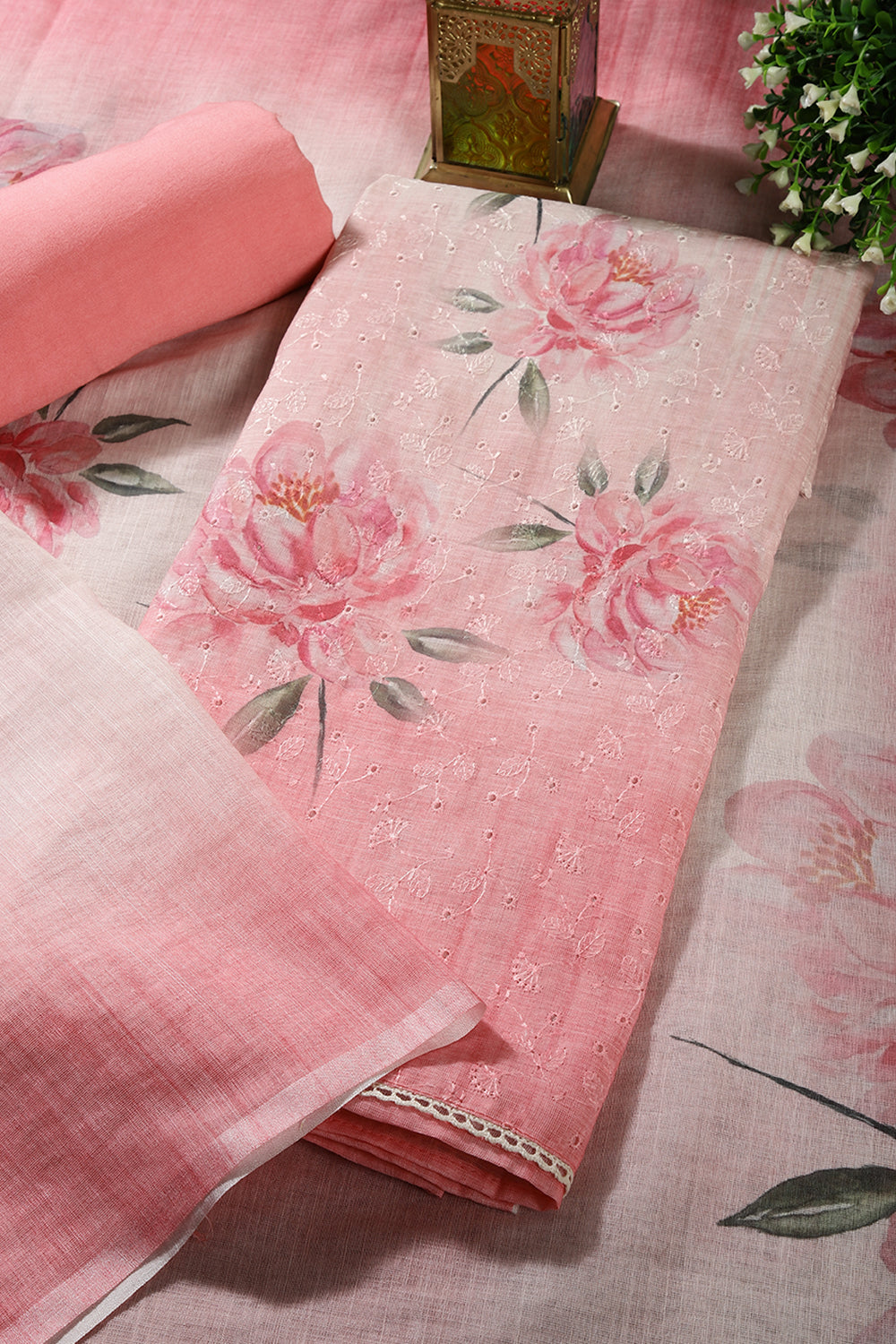 Pink Color Organza Floral Printed and Embroidered Unstitched Suit Material