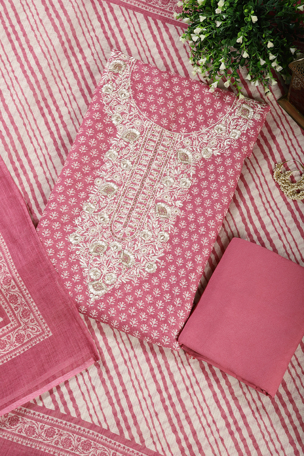 Pink Color Chanderi Cotton Printed and Neck Embroidered Unstitched Suit Fabric