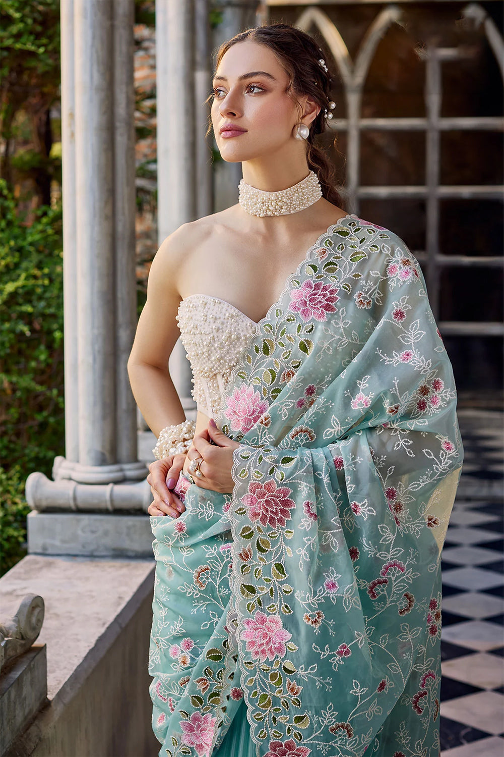 Light Blue Color Embroidered Organza Saree