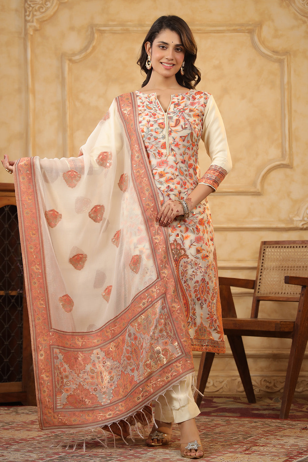 Cream Color Meena-Kaari Woven Chanderi Unstitched Suit Material