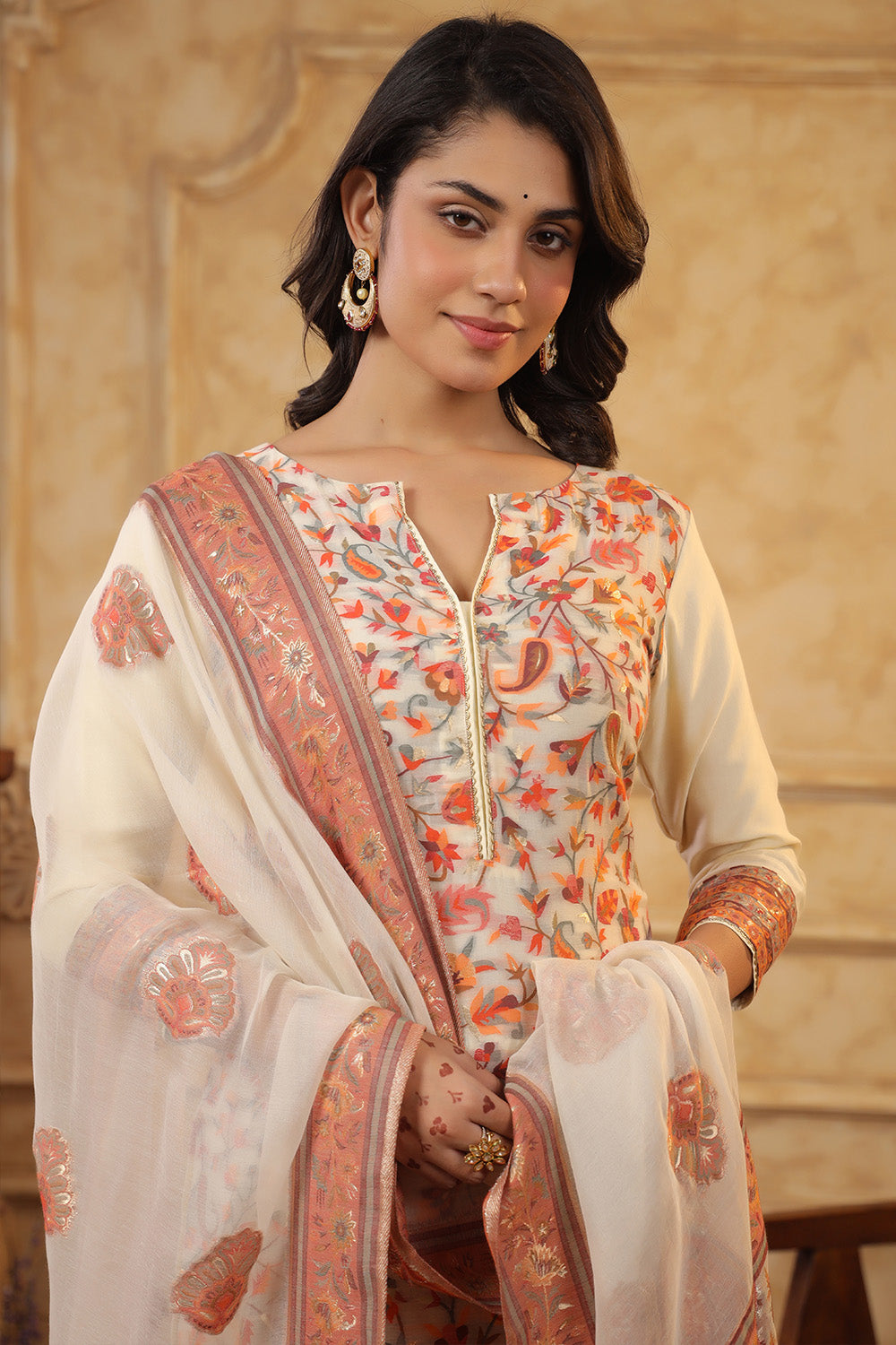 Cream Color Meena-Kaari Woven Chanderi Unstitched Suit Material